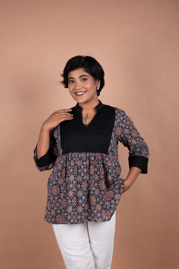 Black Ajrakh Cotton Top with Handloom Yoke Fusion